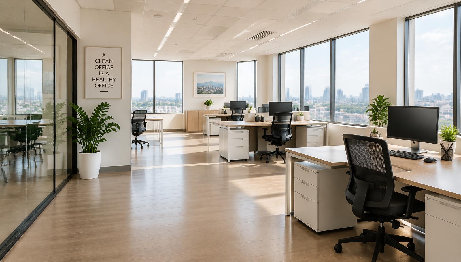 Clean modern office with large windows and tidy workspaces
